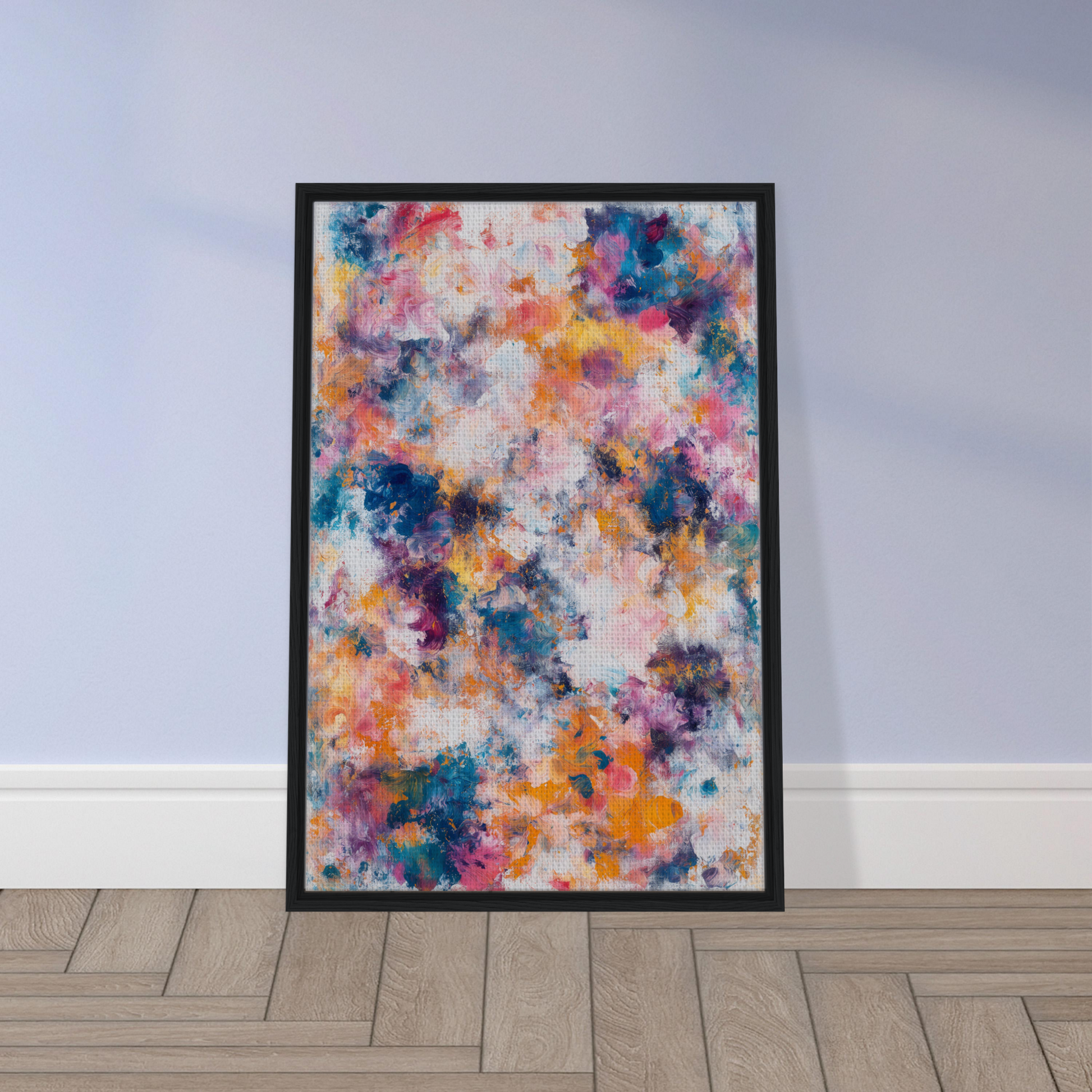 Framed canvas wall art featuring vibrant splotches in Swirlstorm Euphoria Seas design