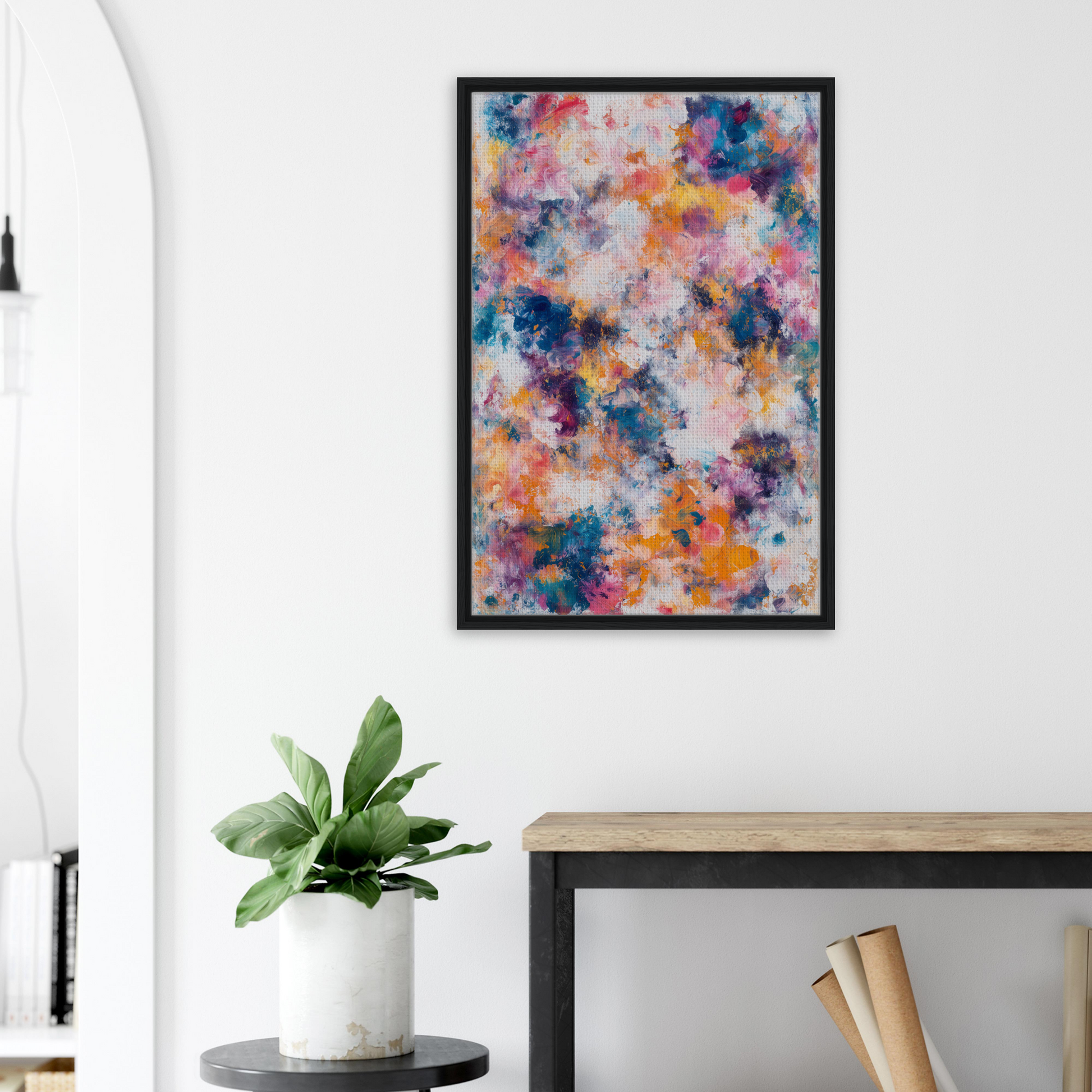 Colorful abstract canvas wall art titled Swirlstorm Euphoria Seas in a black frame