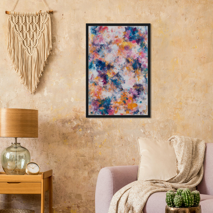 Colorful Swirlstorm Euphoria Seas canvas wall art in a black frame on textured wall