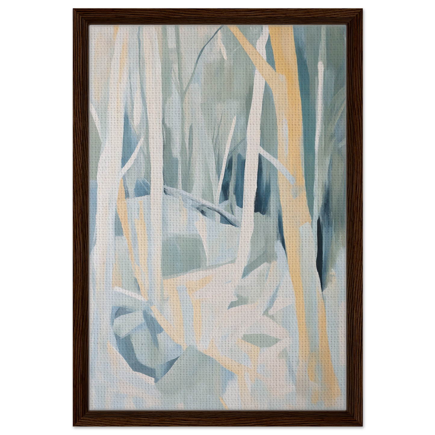 Abstract painting of stylized tree trunks in muted pastels from Sylvan Blues Embrace, framed canvas print