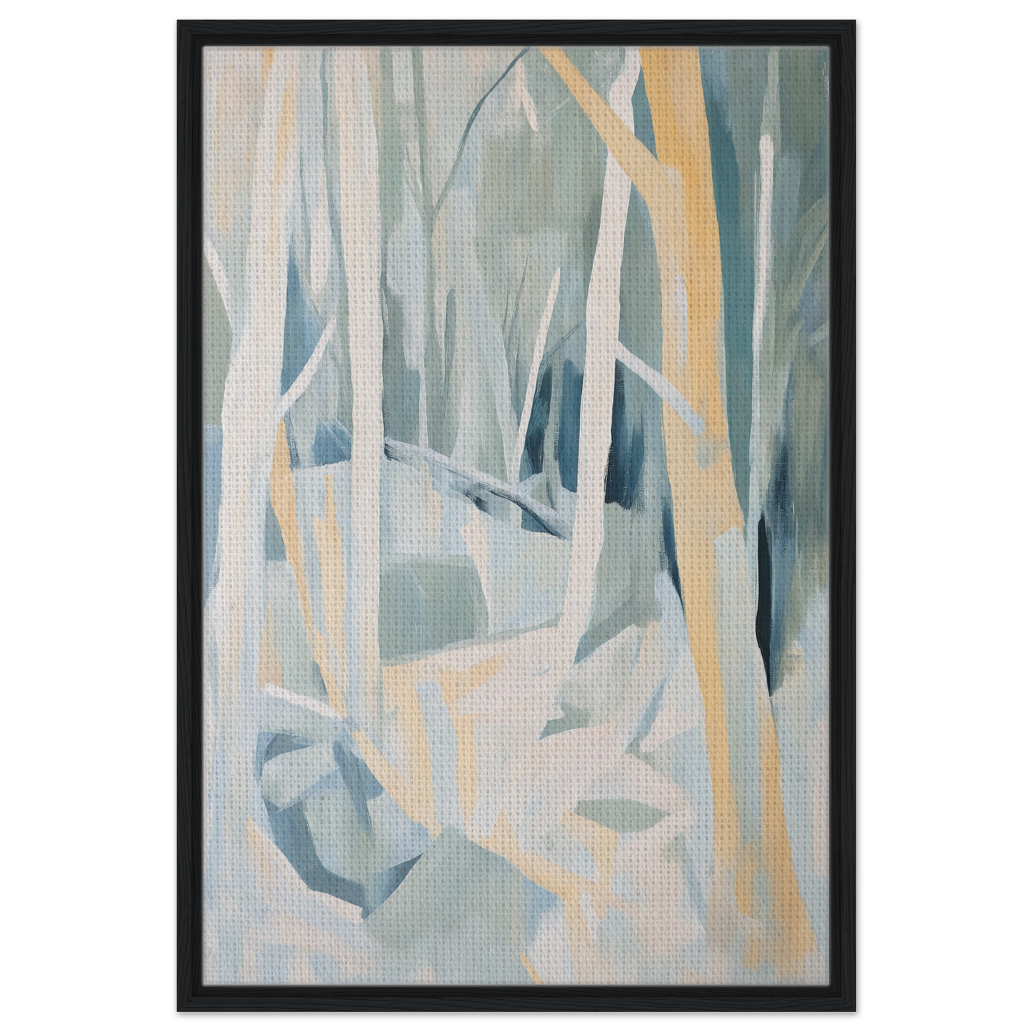 Abstract painting of muted blues and yellows titled Sylvan Blues Embrace for room decor