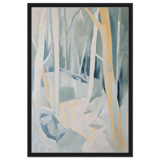 Abstract painting of muted blues and yellows titled Sylvan Blues Embrace for room decor