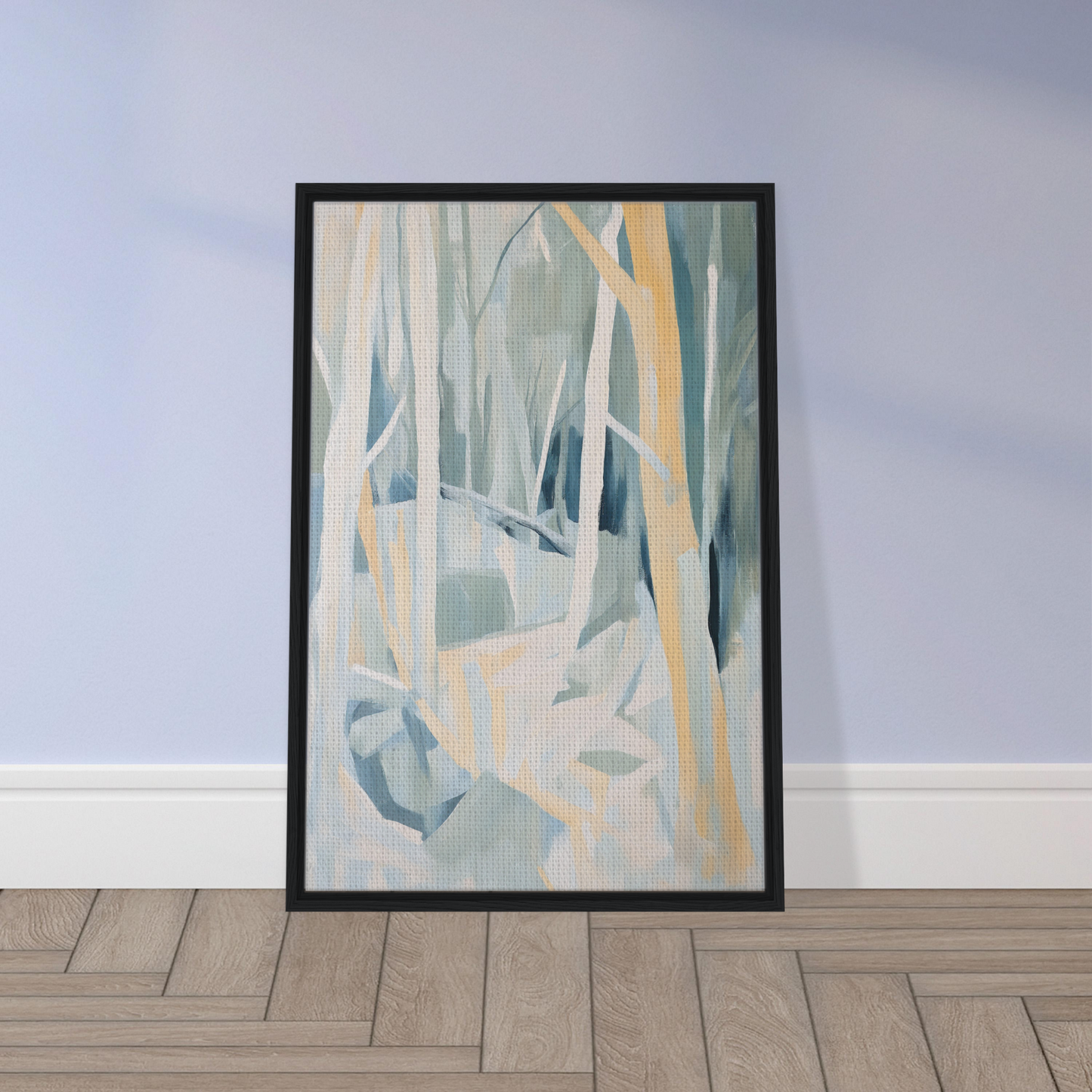 Framed canvas print of stylized tree trunks in muted colors from Sylvan Blues Embrace