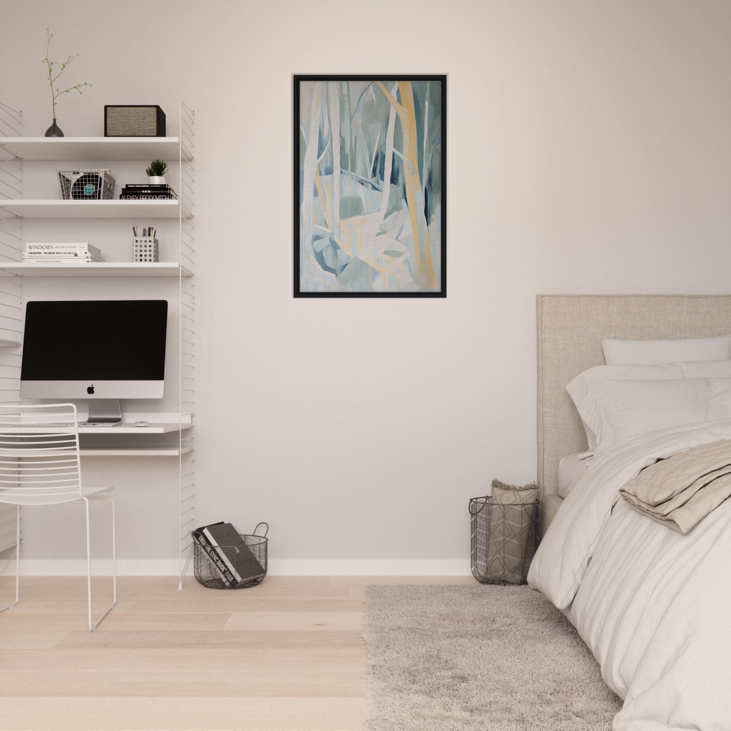 Minimalist bedroom featuring Sylvan Blues Embrace art for modern room decor