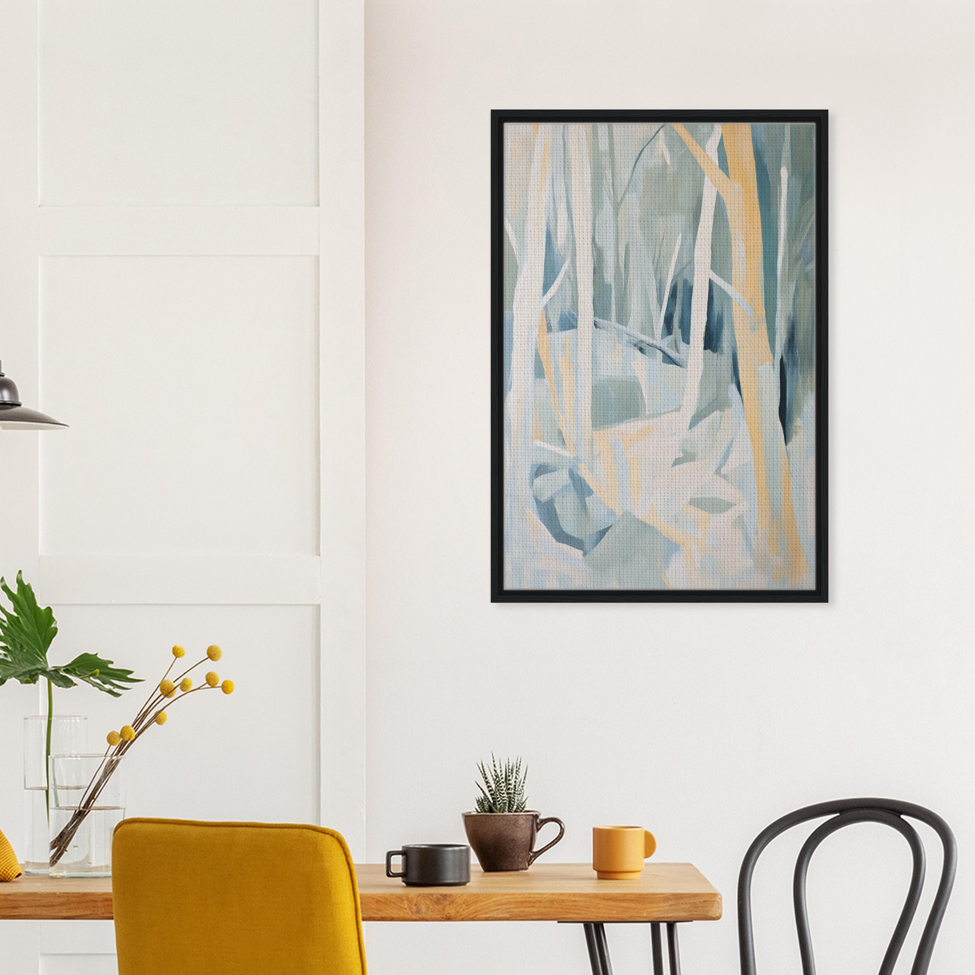 Abstract painting in soft blues and yellows, ideal for Sylvan Blues Embrace room decor