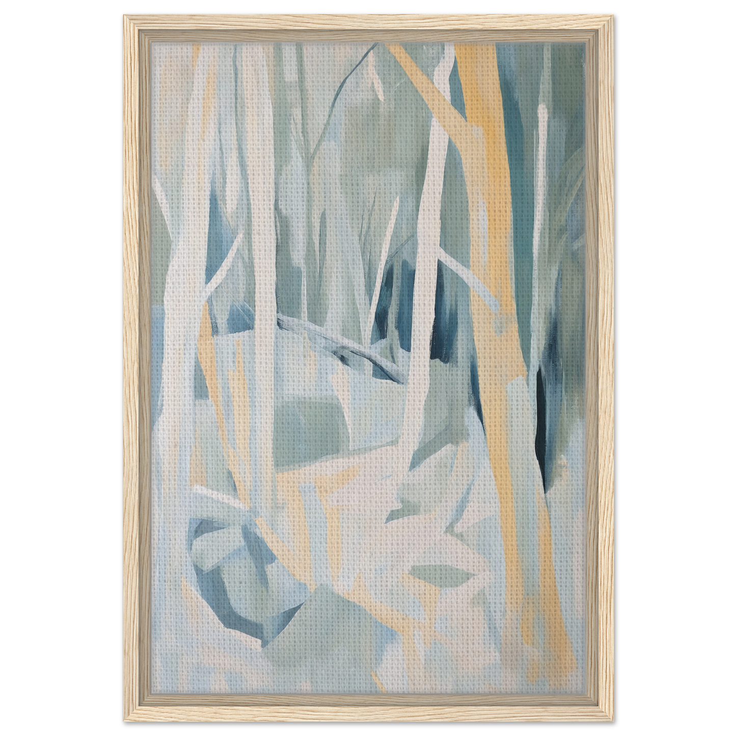 Abstract painting in muted blue, gray, and yellow tones for Sylvan Blues Embrace room decor