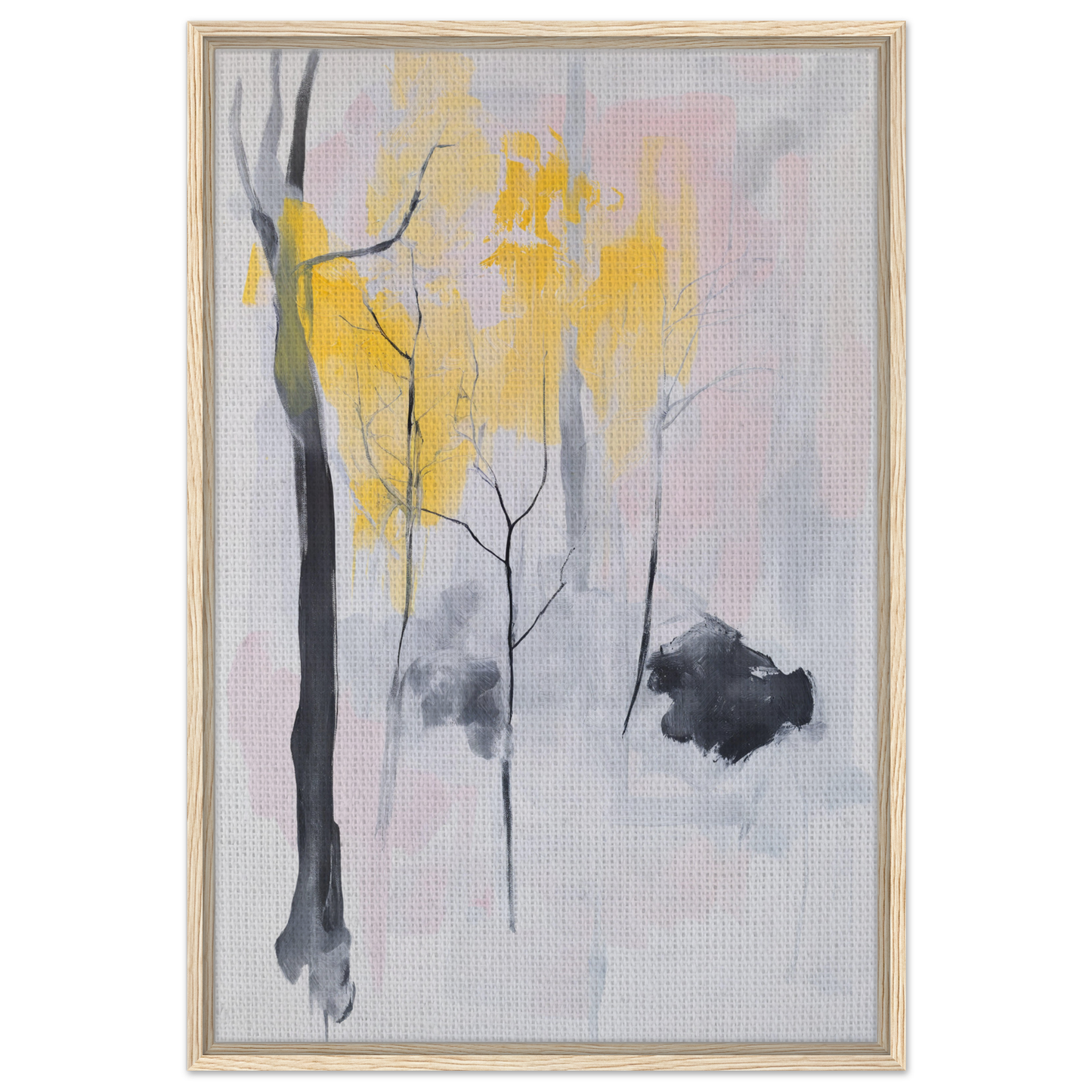 Abstract painting with minimalist tree forms in yellow and gray for Sylvan Ether Highlights