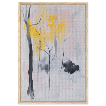 Abstract painting with minimalist tree forms in yellow and gray for Sylvan Ether Highlights