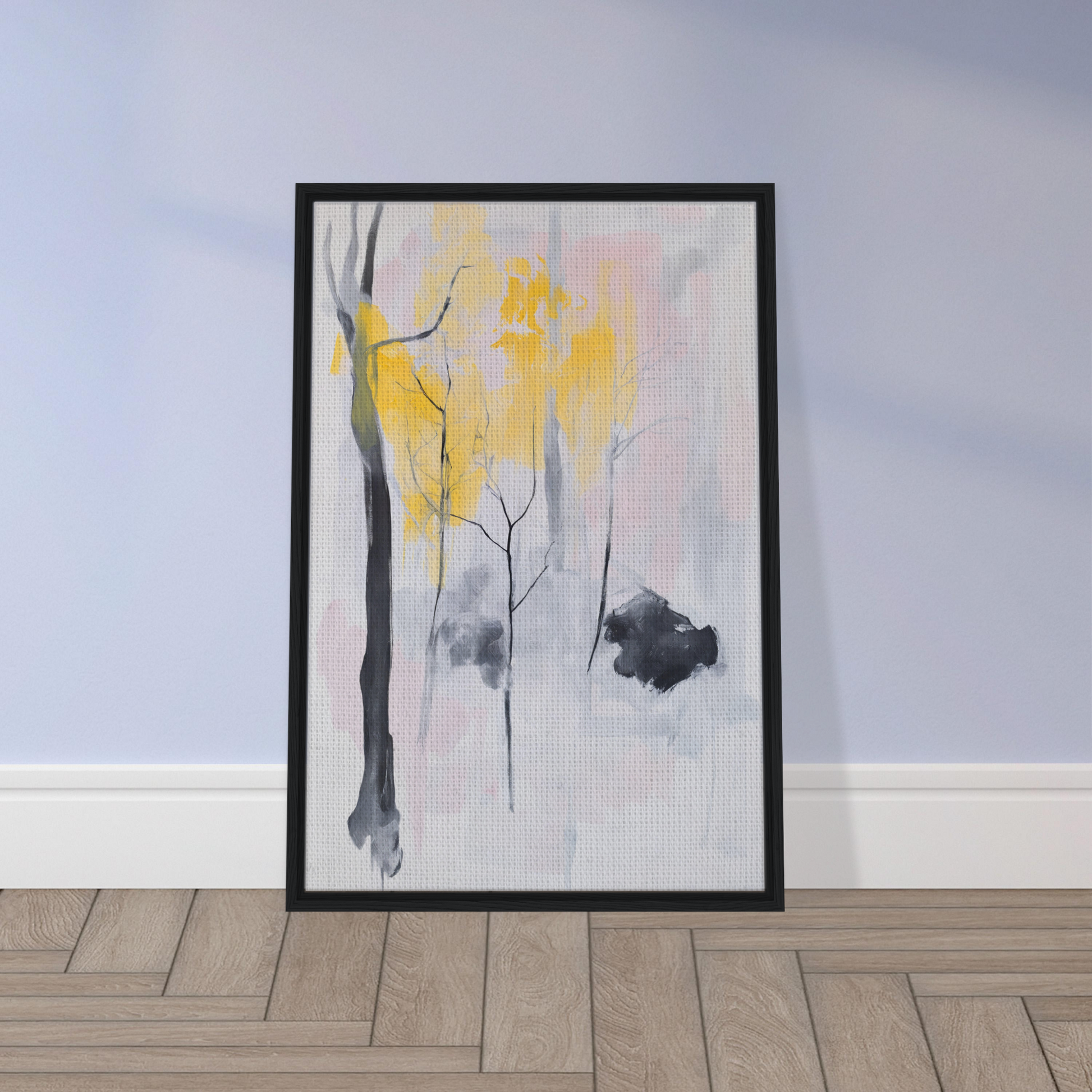 Framed abstract painting in yellow, gray, and black from Sylvan Ether Highlights for room decor