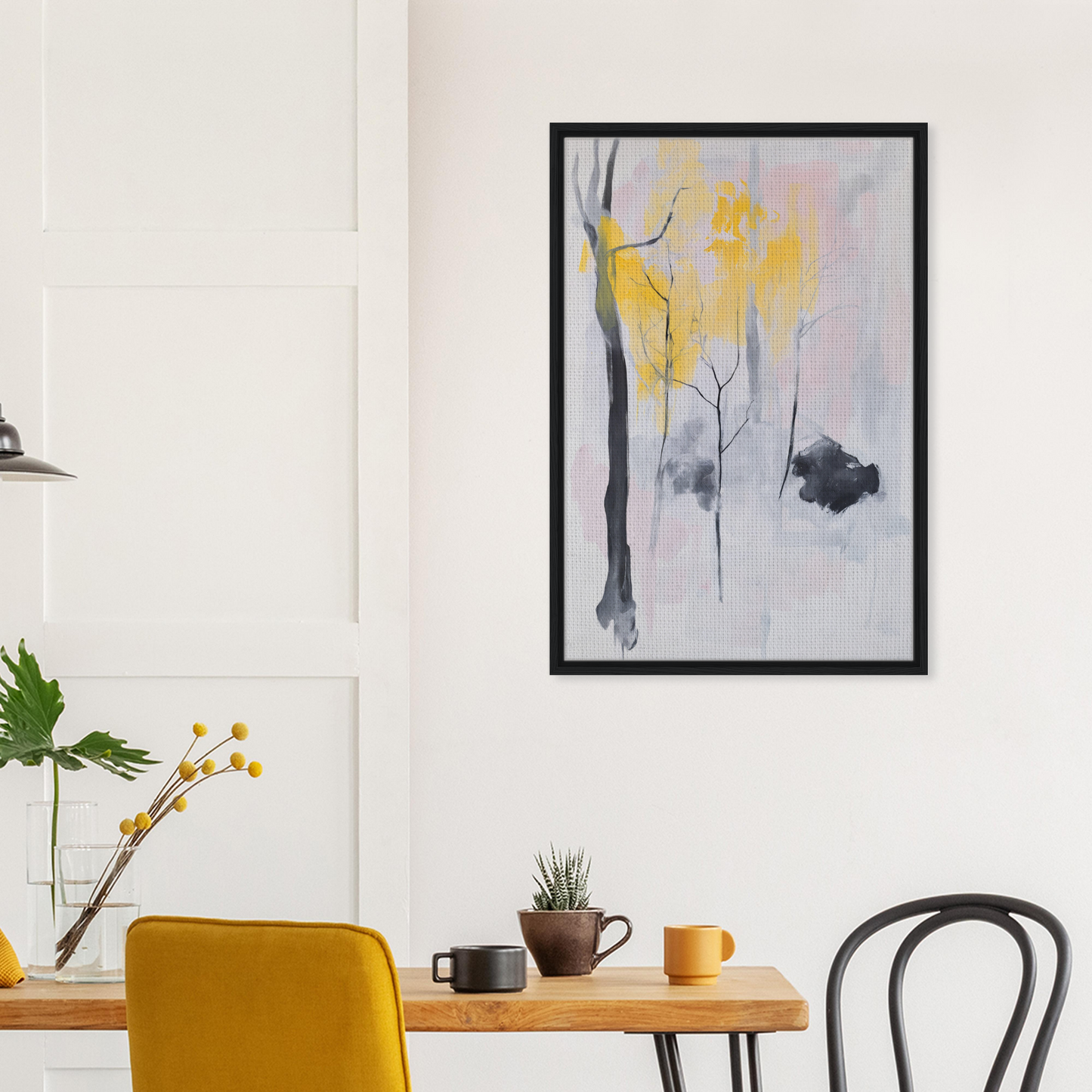 Abstract painting of muted gray and yellow tones featuring tree forms, Sylvan Ether Highlights