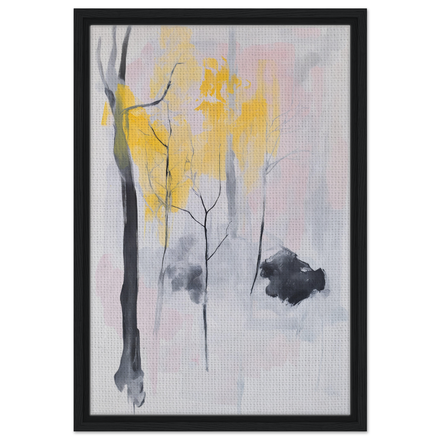 Abstract painting with minimalist tree forms in yellow, gray, and black for Sylvan Ether Highlights