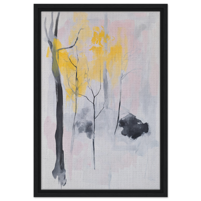 Abstract painting with minimalist tree forms in yellow, gray, and black for Sylvan Ether Highlights