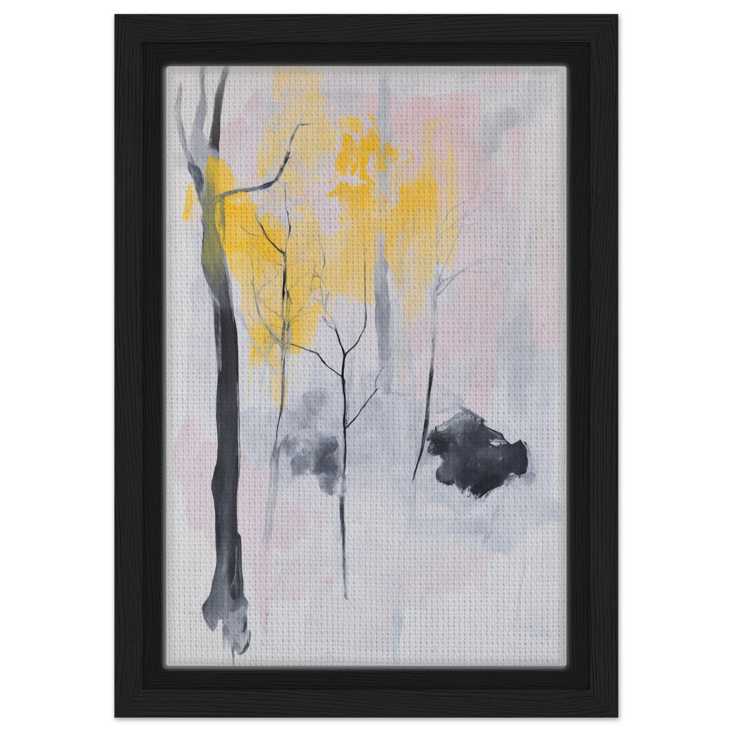 Abstract painting of minimalist tree forms in yellow, gray, and black for Sylvan Ether Highlights