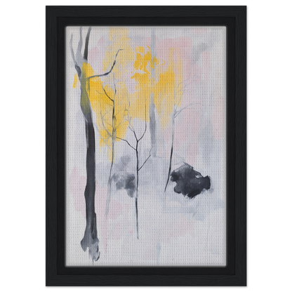 Abstract painting of minimalist tree forms in yellow, gray, and black for Sylvan Ether Highlights