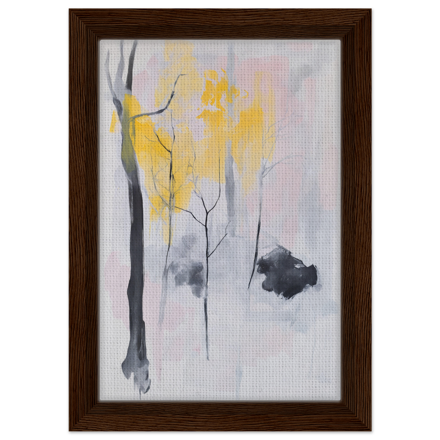 Abstract painting of trees with yellow foliage in misty landscape, Sylvan Ether Highlights