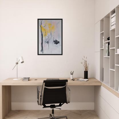 Minimalist wooden desk with black chair in Sylvan Ether Highlights home office setting