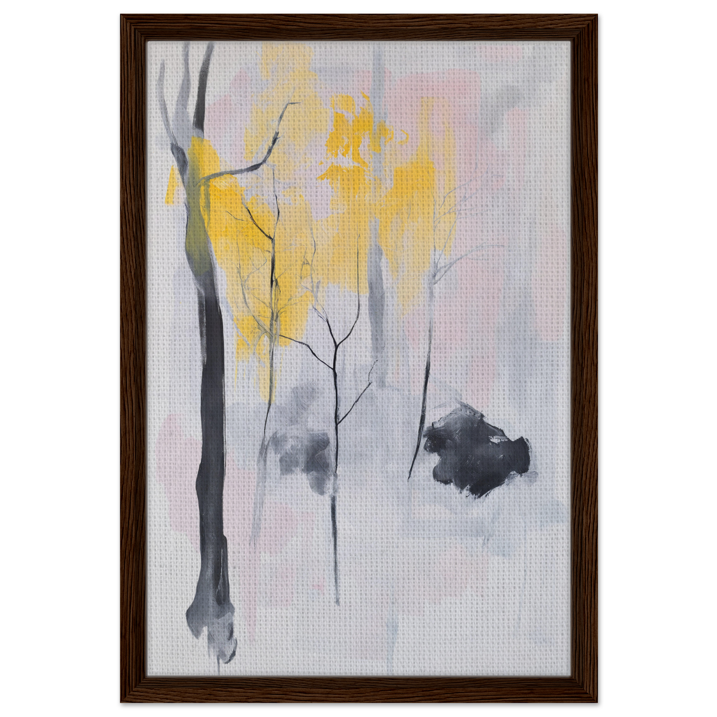 Abstract minimalist trees in yellow and gray tones, Sylvan Ether Highlights framed canvas print