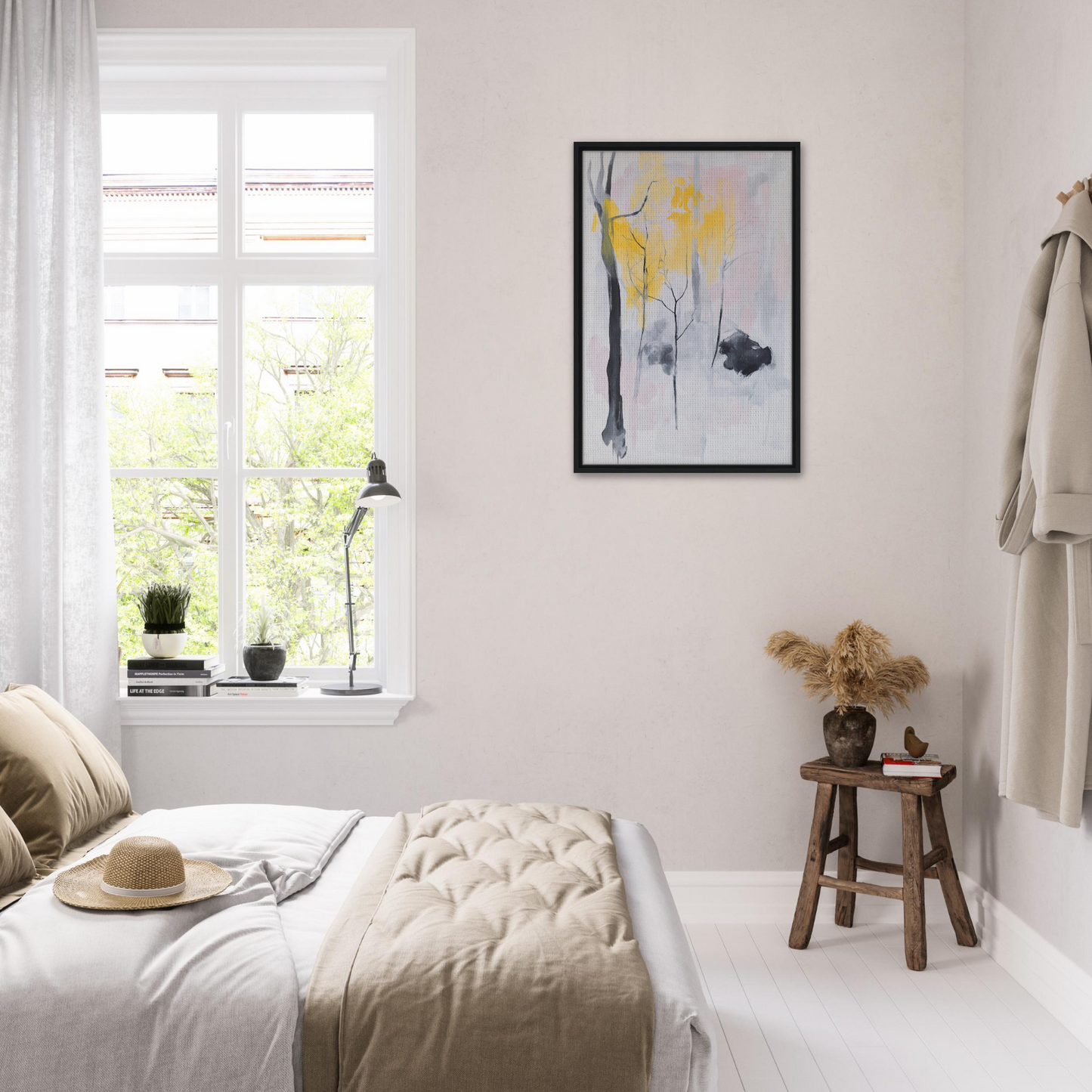 Bright, airy bedroom with minimalist decor in Sylvan Ether Highlights framed canvas print