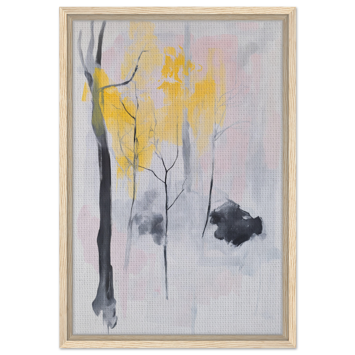 Abstract painting of minimalist tree forms in yellow, gray, and black for Sylvan Ether Highlights