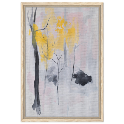 Abstract painting of minimalist tree forms in yellow, gray, and black for Sylvan Ether Highlights