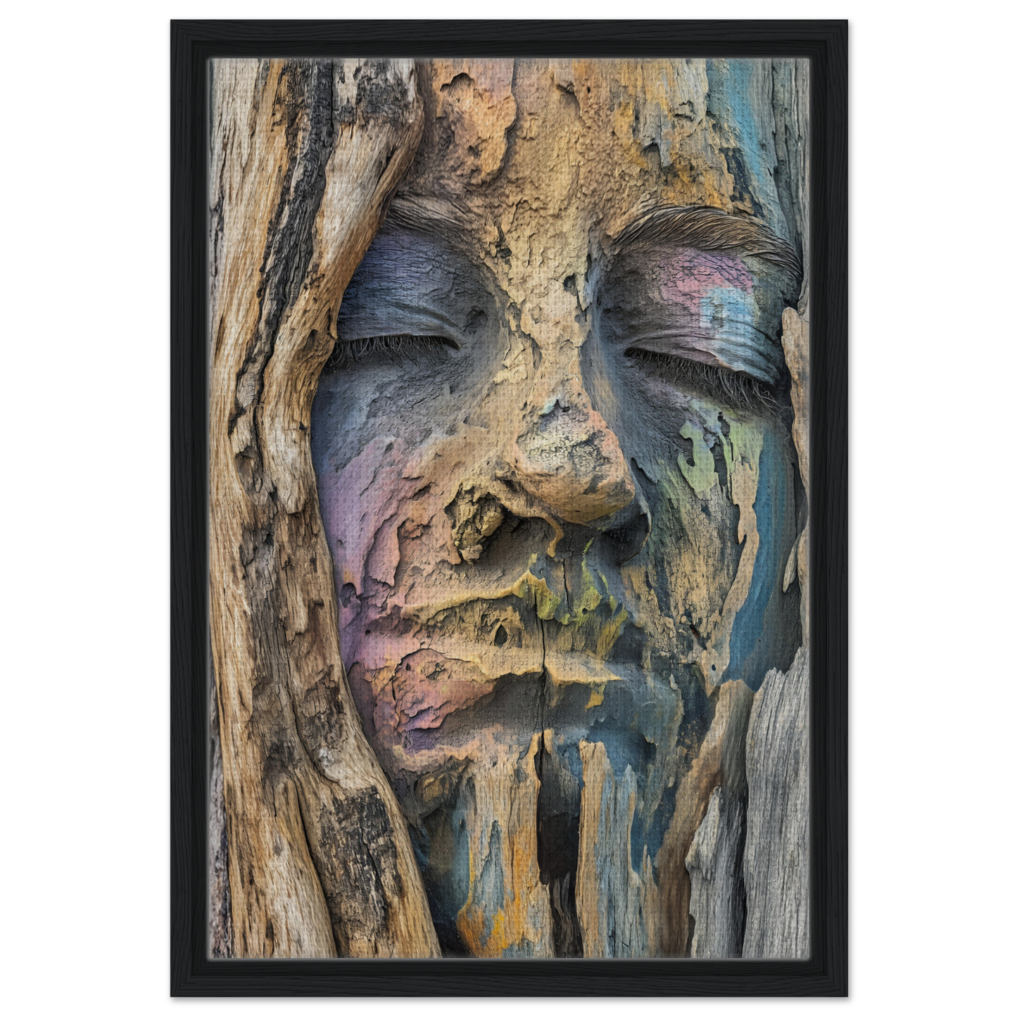 Weathered wooden carving of a human face for Sylvan Serenity Synthesis room decor