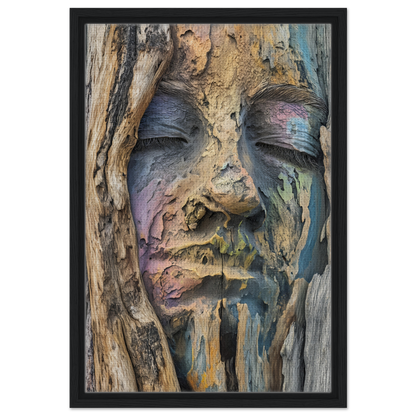 Weathered wooden carving of a human face for Sylvan Serenity Synthesis room decor