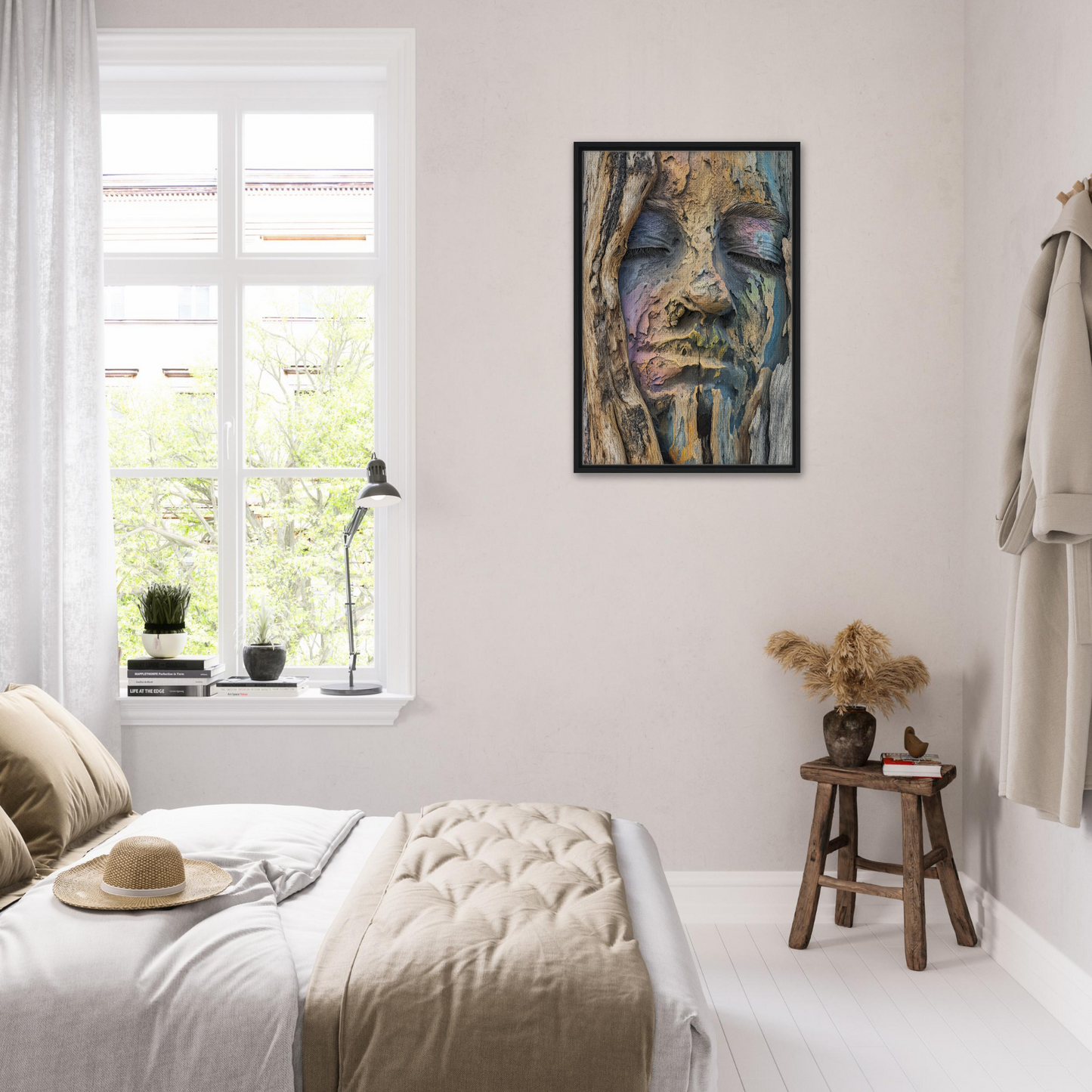 Cozy bedroom showcasing Sylvan Serenity Synthesis with neutral decor and abstract portrait