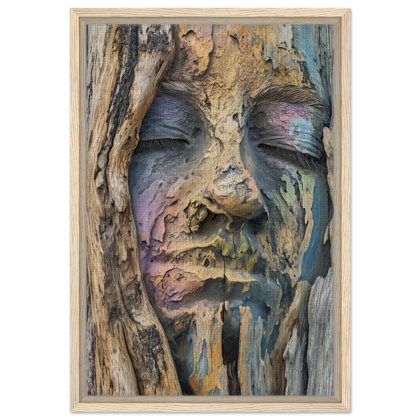 Face-like wooden formation with colorful features in Sylvan Serenity Synthesis framed canvas print