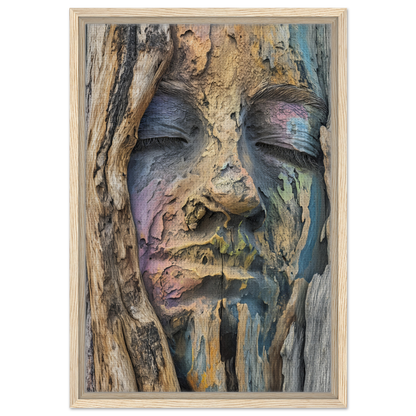 Face-like wooden formation with colorful features in Sylvan Serenity Synthesis framed canvas print