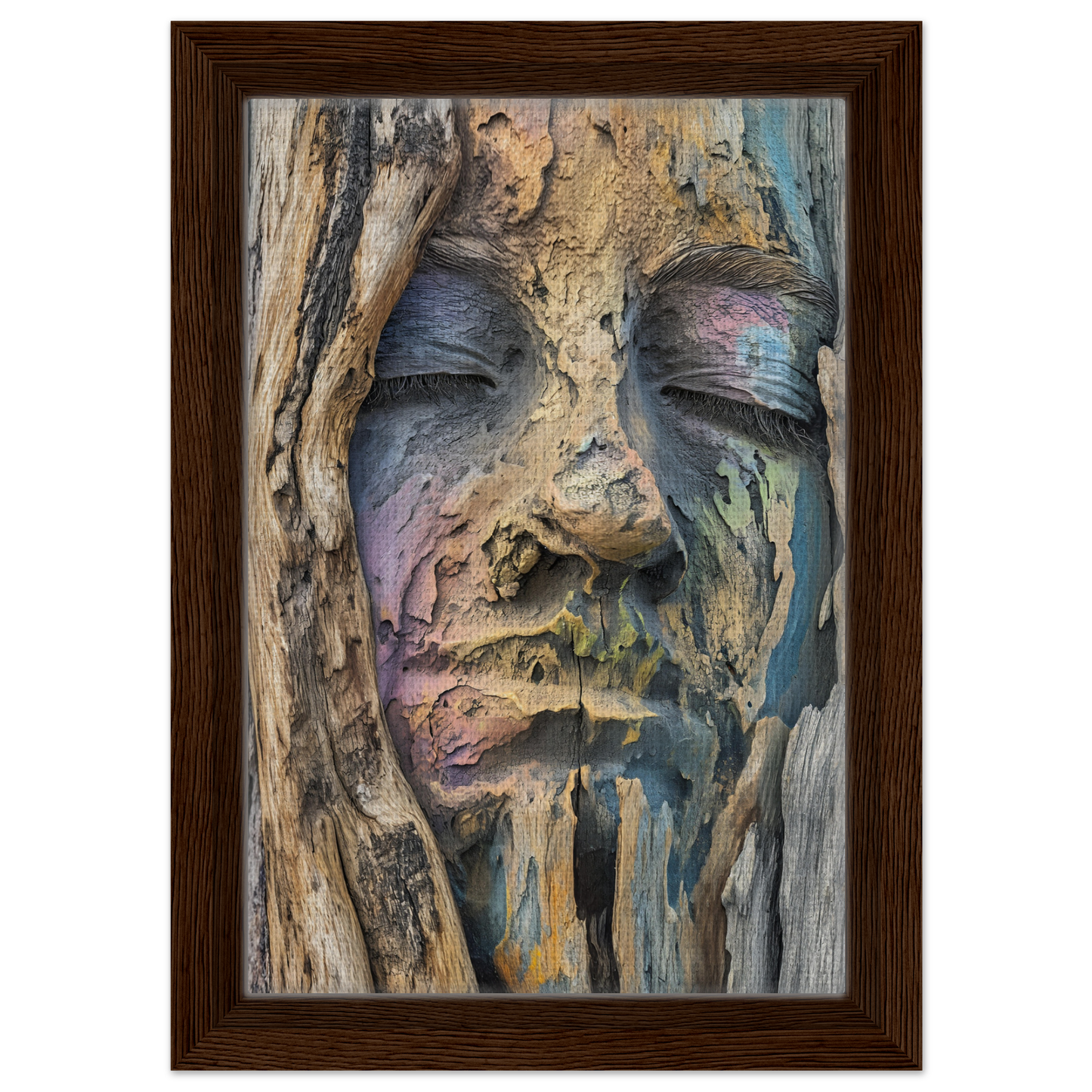 Surreal face emerging from textured wood grain, featured in Sylvan Serenity Synthesis room decor