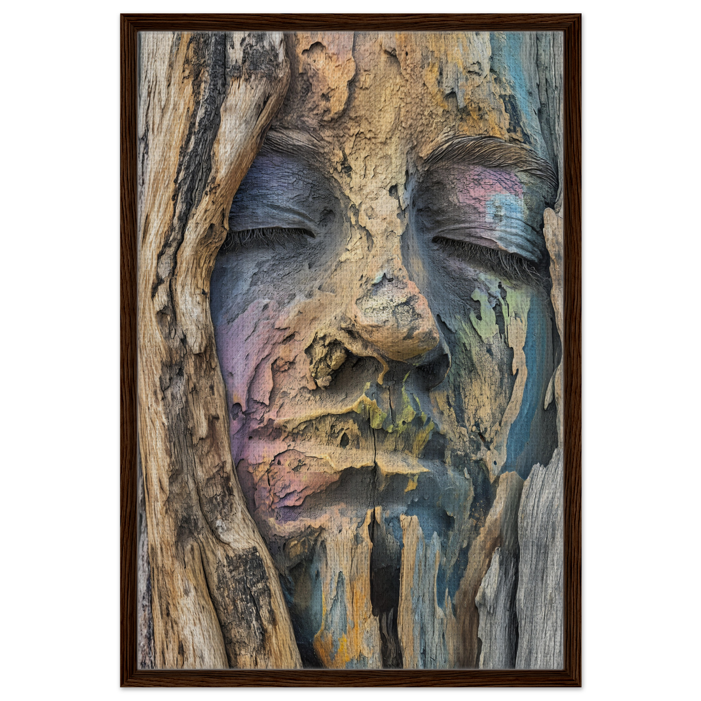 Face-like formation in weathered wood for Sylvan Serenity Synthesis room decor