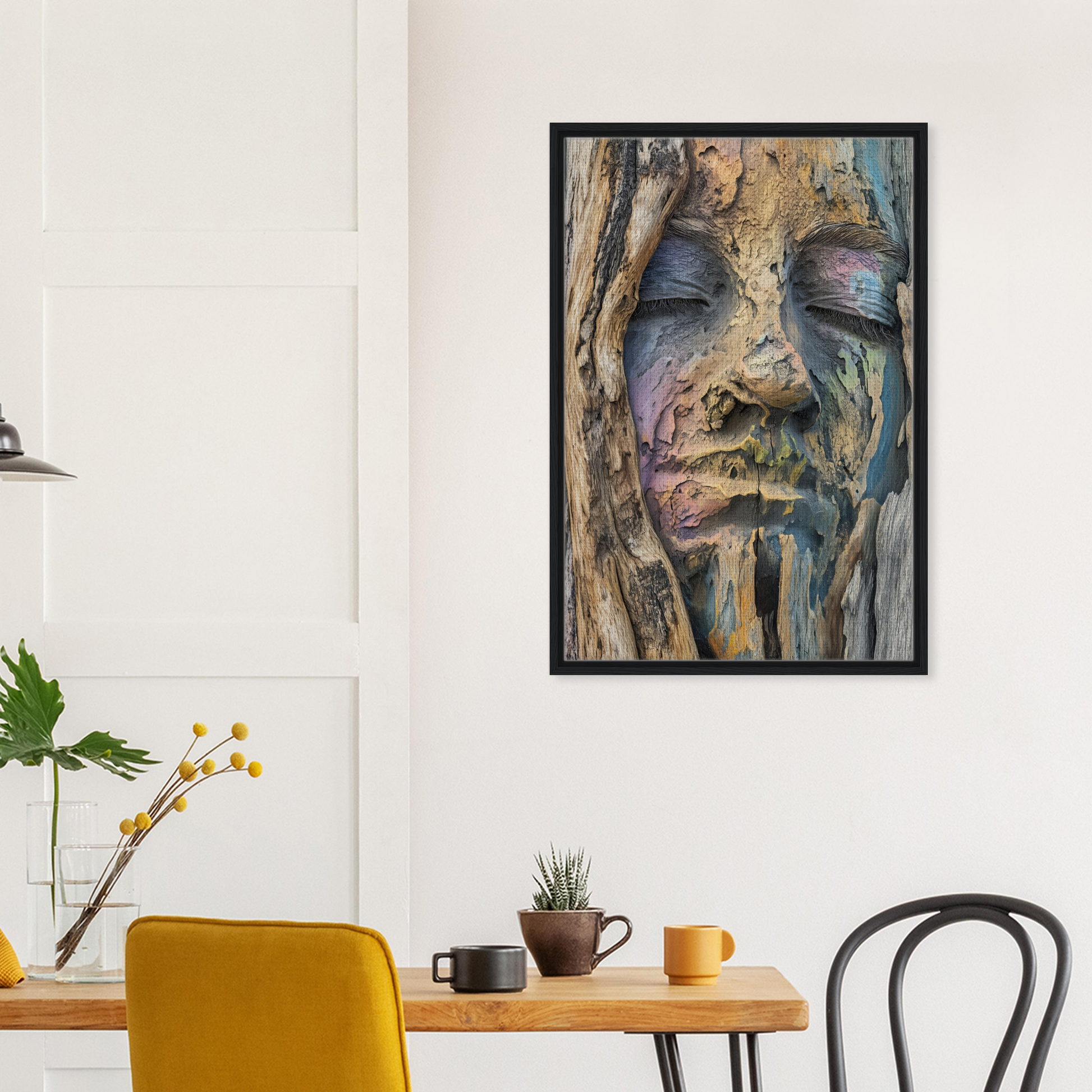 Framed artwork of abstract face design in textured wood, ideal for Sylvan Serenity Synthesis room decor