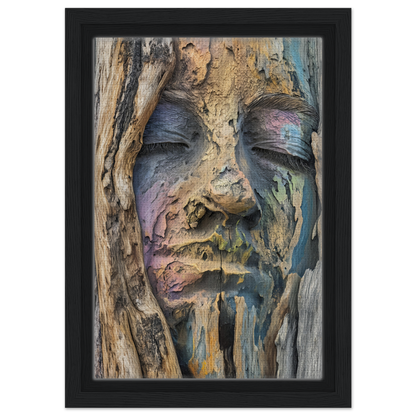 Surreal face from weathered wood with colorful details in Sylvan Serenity Synthesis framed canvas print