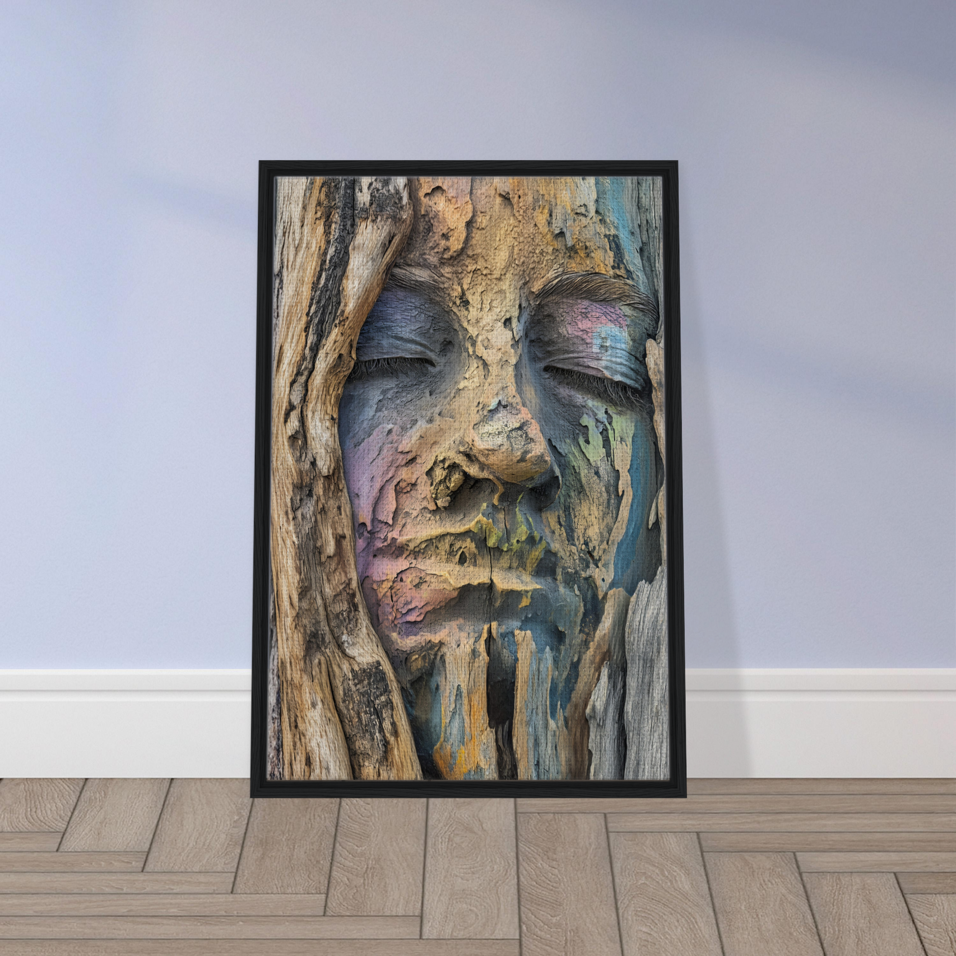 Framed canvas print of face in wood texture, part of Sylvan Serenity Synthesis collection