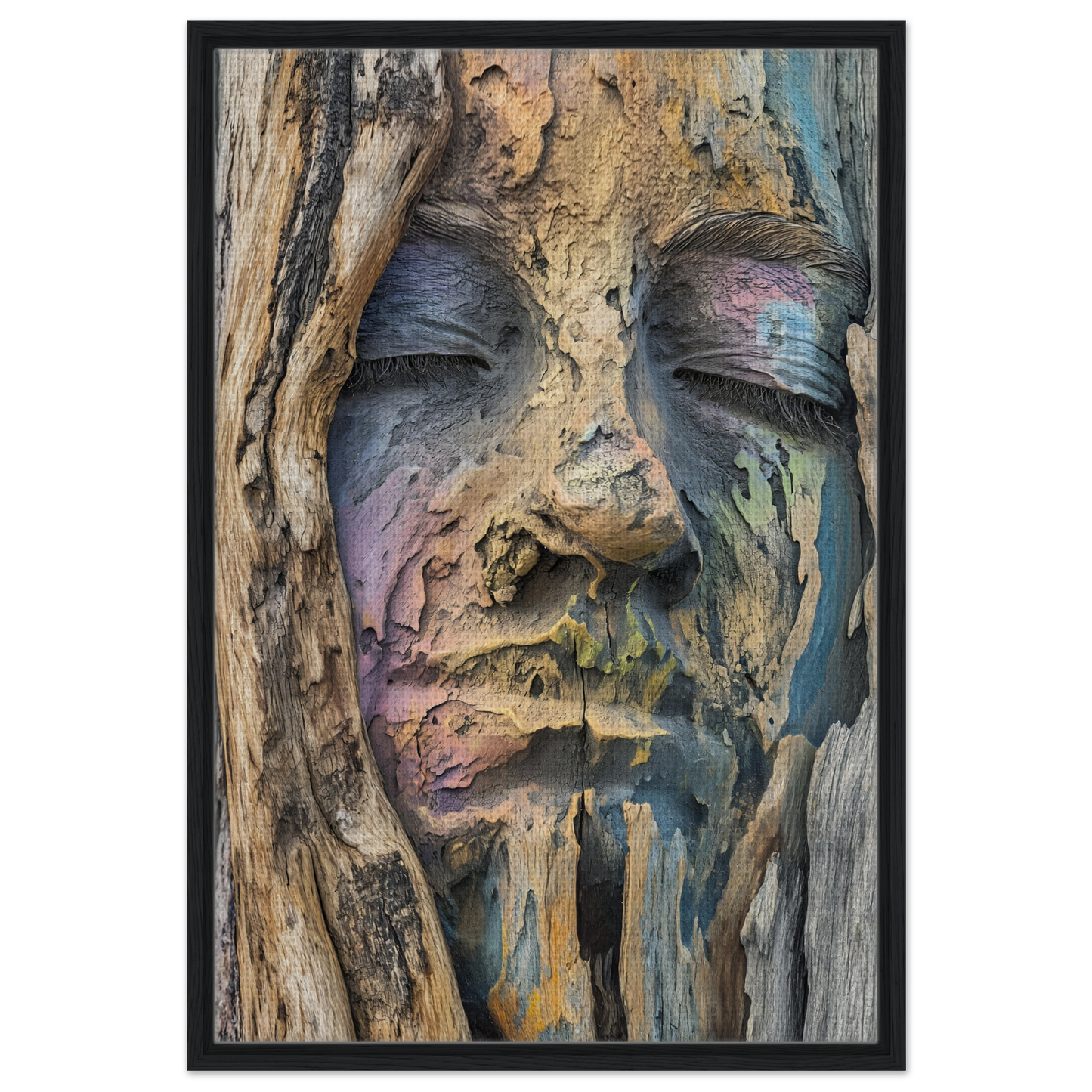 Weathered wooden carving of a face on tree bark in Sylvan Serenity Synthesis art piece