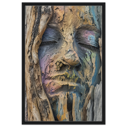 Weathered wooden carving of a face on tree bark in Sylvan Serenity Synthesis art piece