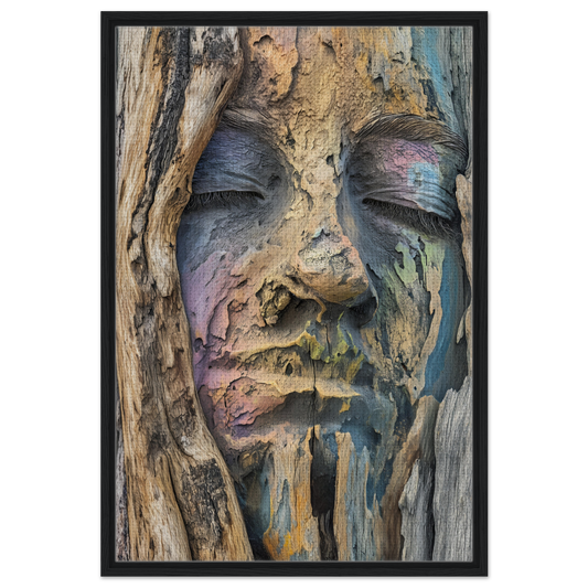 Weathered wooden carving of a face on tree bark in Sylvan Serenity Synthesis art piece