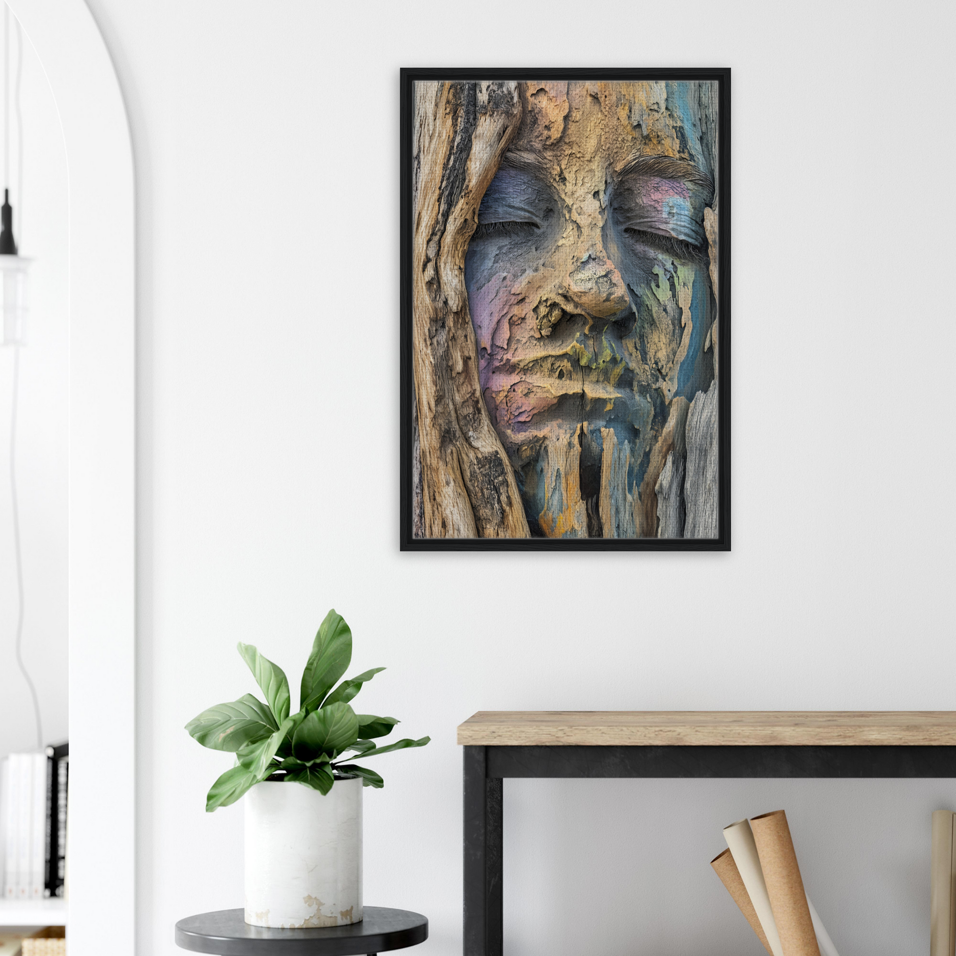 Framed abstract painting of a distorted face in earthy tones for Sylvan Serenity Synthesis