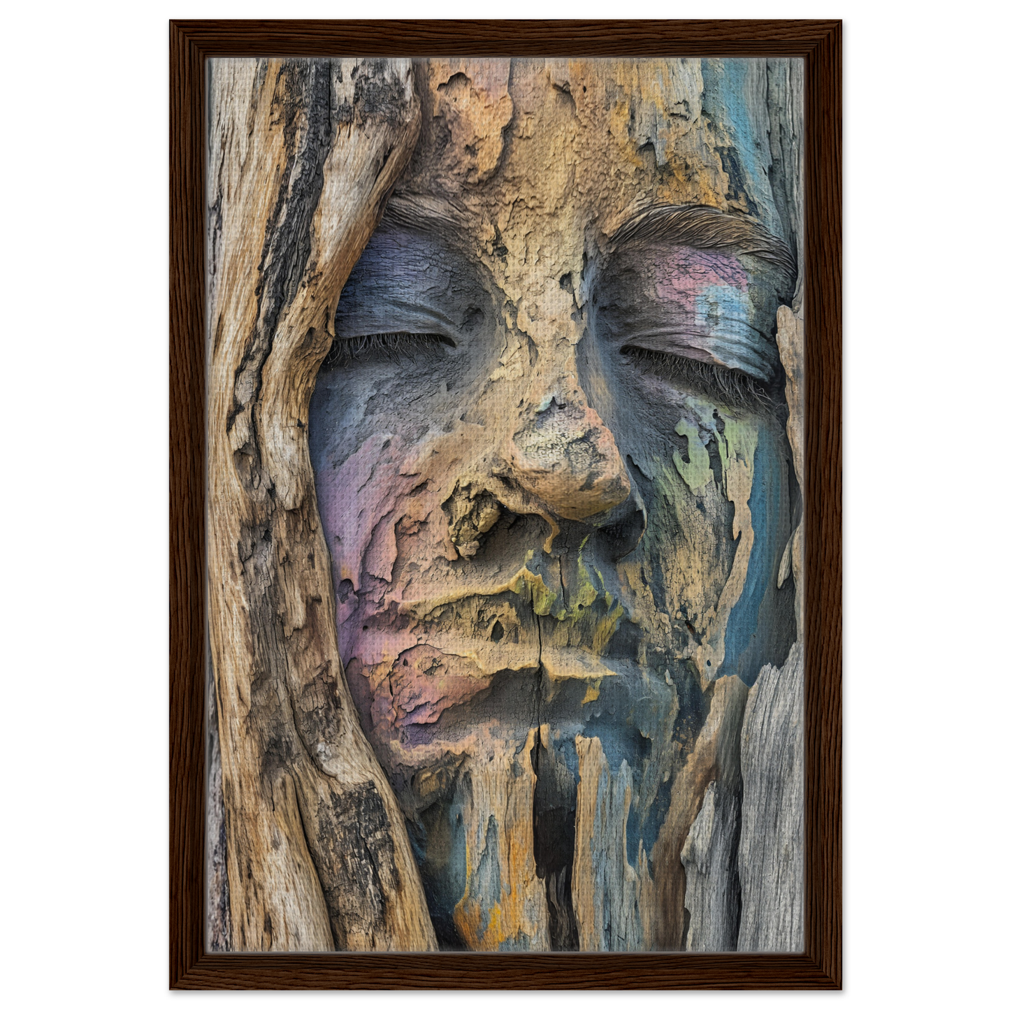 Weathered wooden carving of a human face in Sylvan Serenity Synthesis room decor