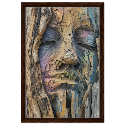 Weathered wooden carving of a human face in Sylvan Serenity Synthesis room decor