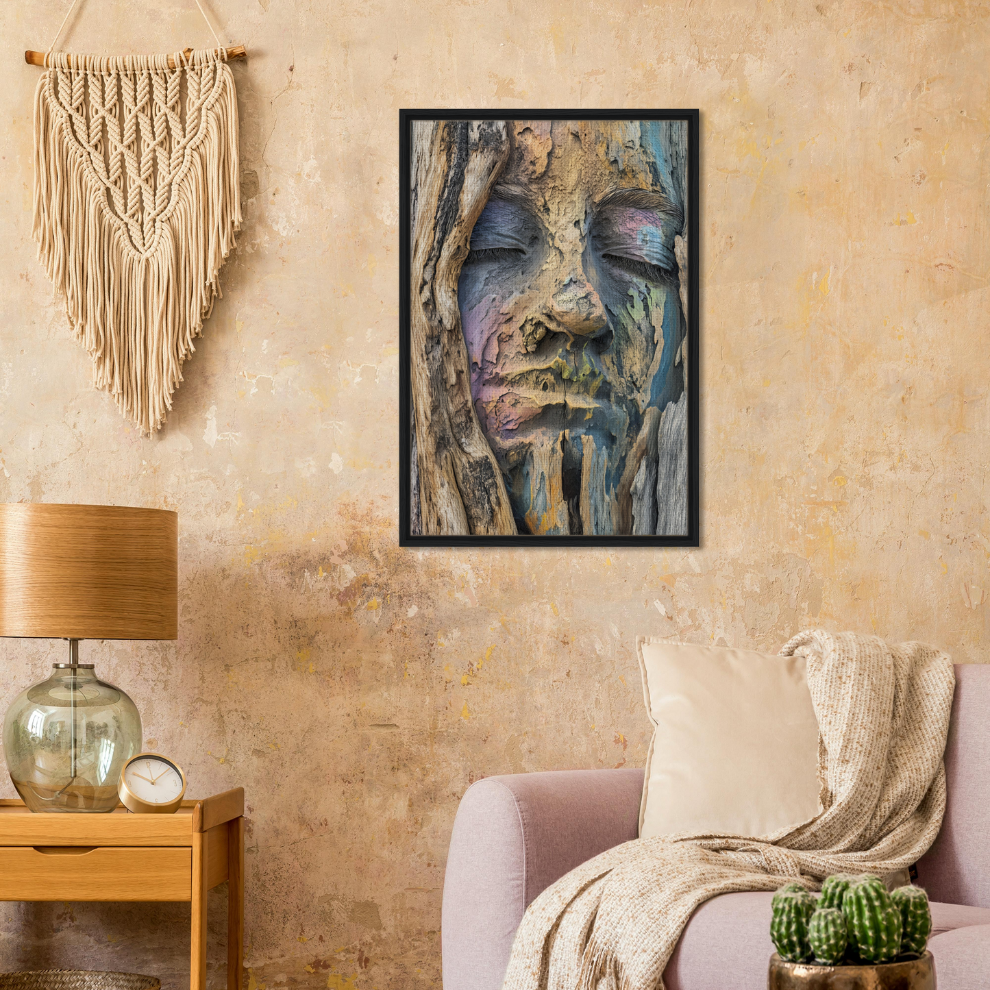 Framed canvas print of Sylvan Serenity Synthesis abstract portrait with textured colors