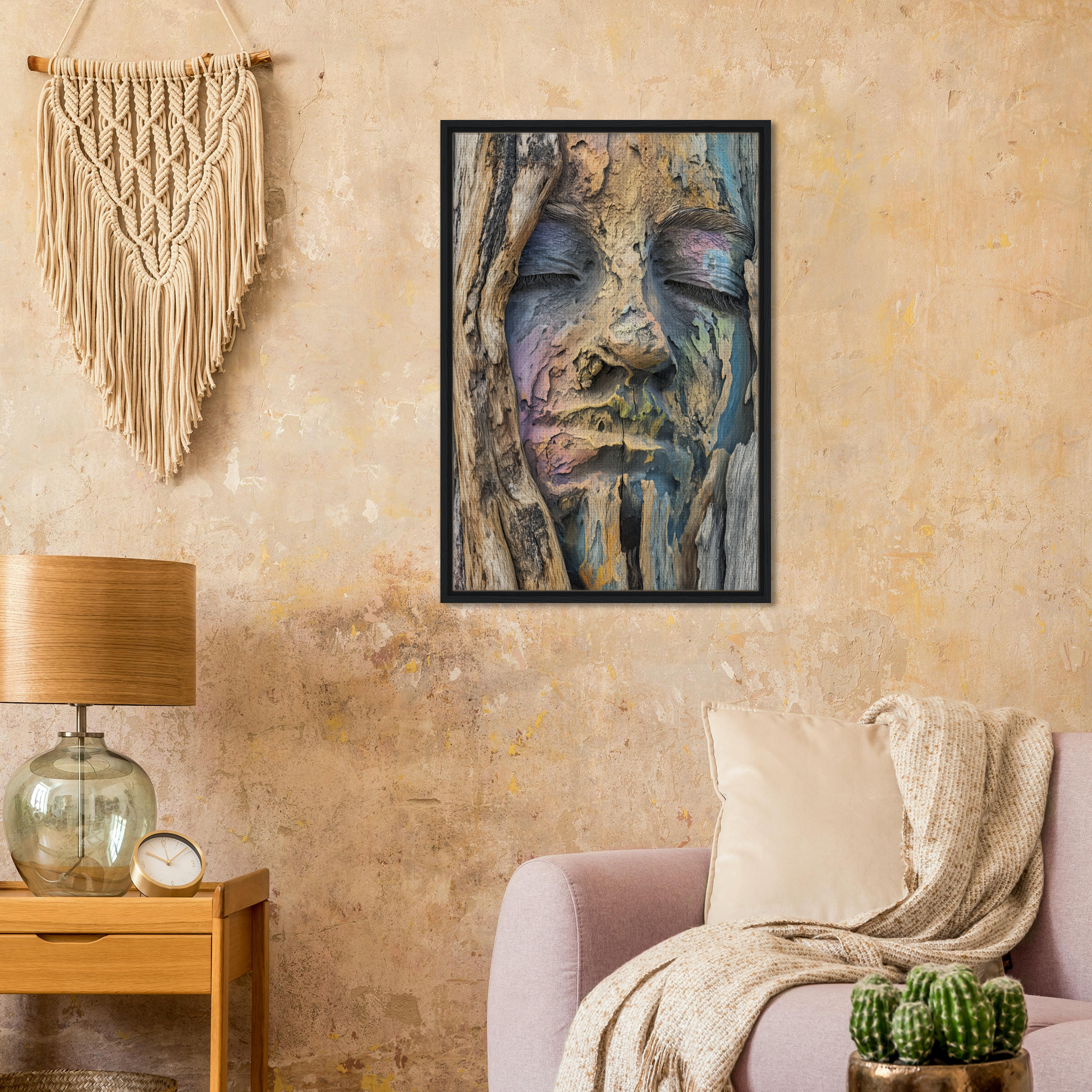 Framed canvas print of Sylvan Serenity Synthesis abstract portrait with textured colors