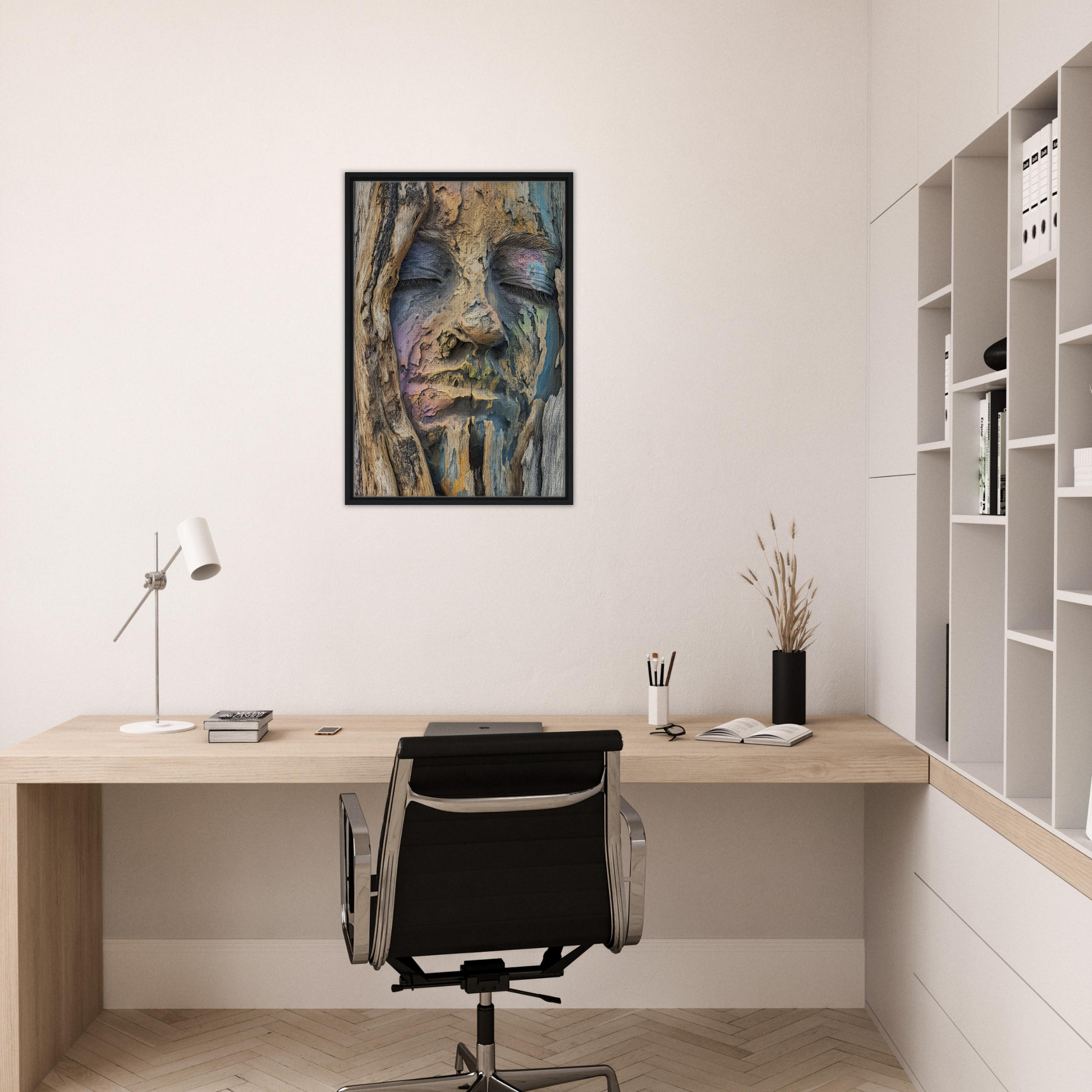 Abstract portrait painting in vibrant colors, featured in Sylvan Serenity Synthesis room decor