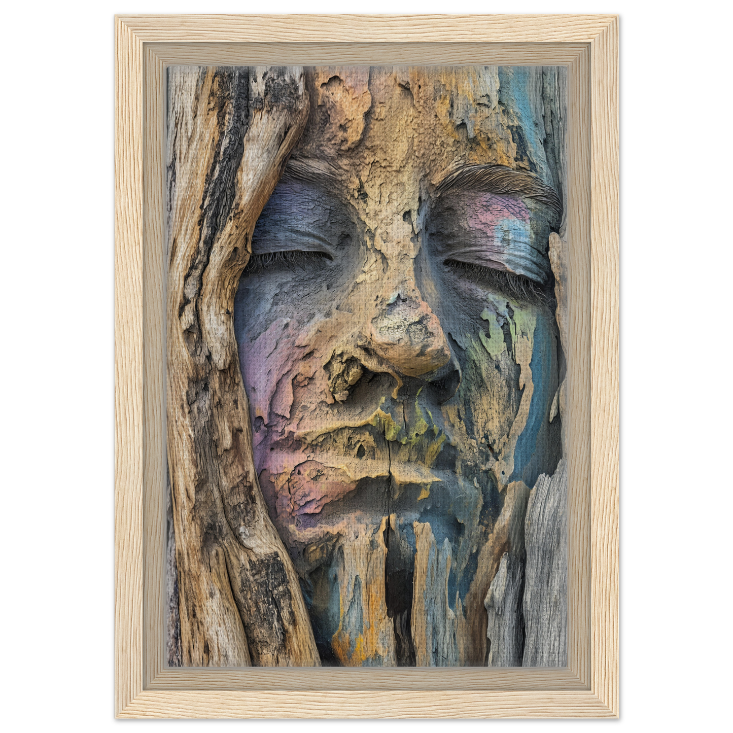 Surreal sculpture of face merging with bark texture in Sylvan Serenity Synthesis room decor