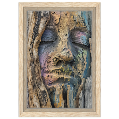 Surreal sculpture of face merging with bark texture in Sylvan Serenity Synthesis room decor