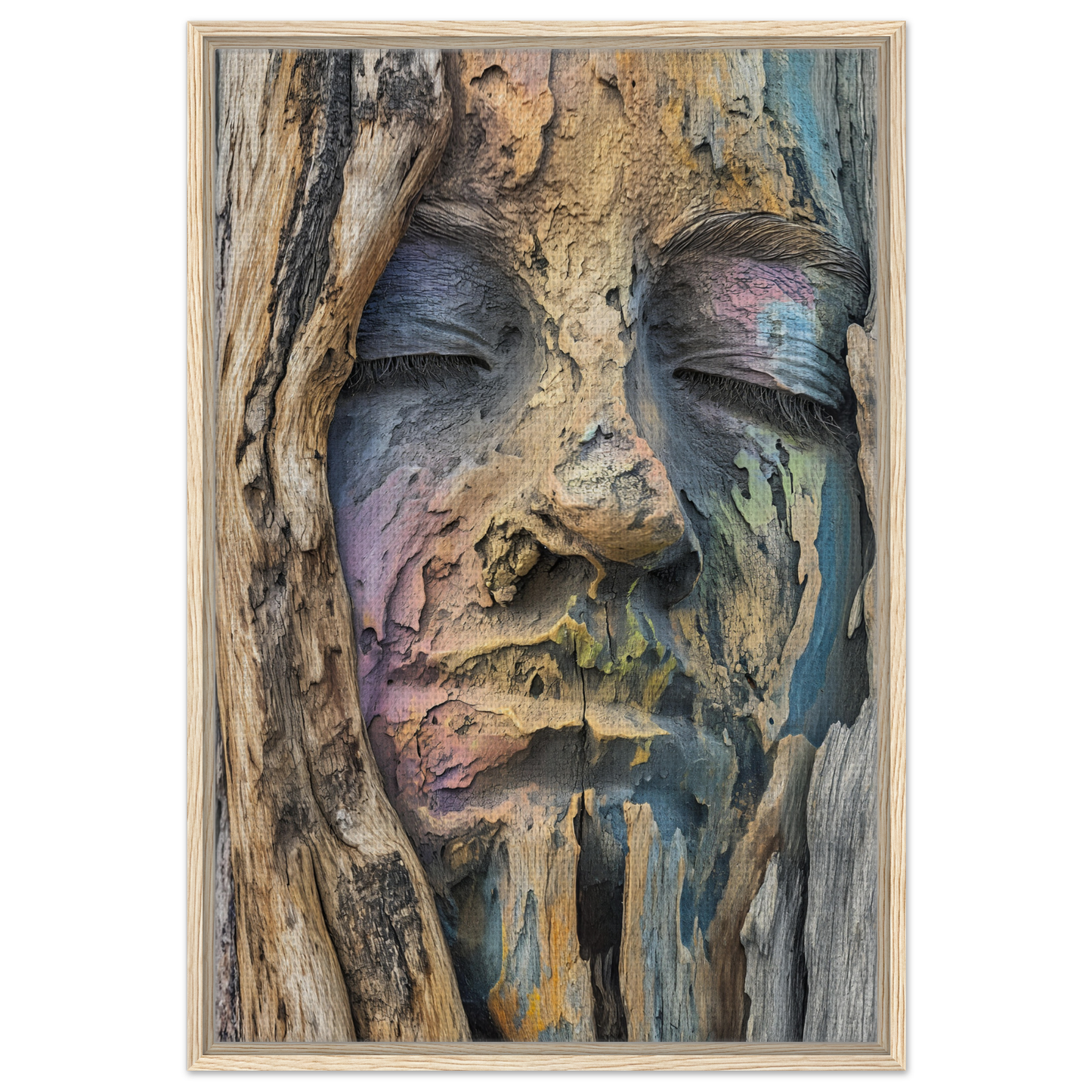 Face emerging from textured bark surfaces in muted tones, Sylvan Serenity Synthesis decor