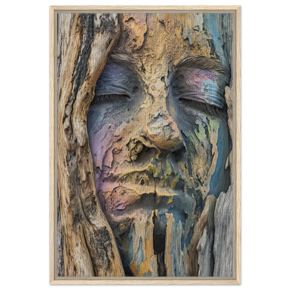 Face emerging from textured bark surfaces in muted tones, Sylvan Serenity Synthesis decor