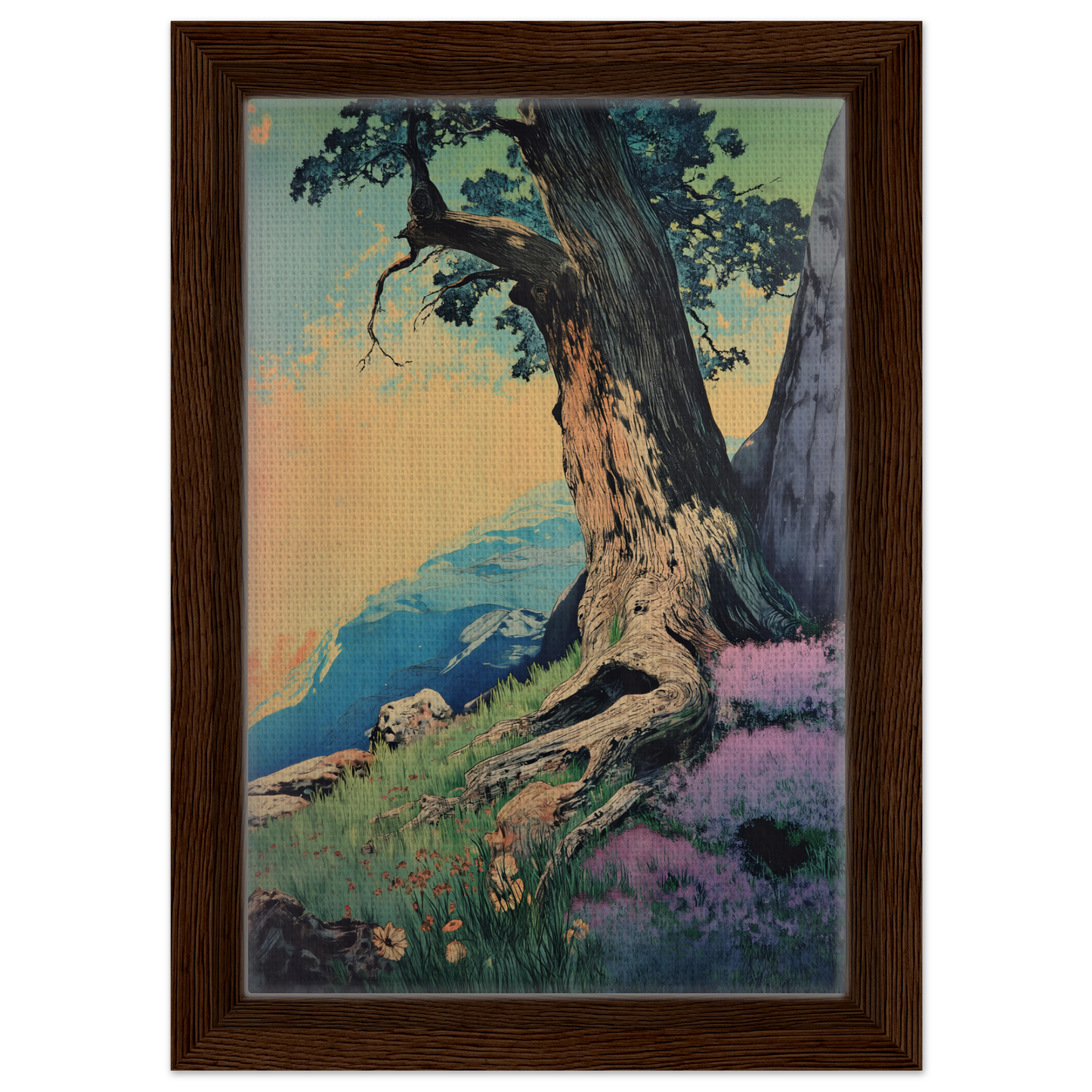 Gnarled old tree with twisted trunk on Sylvan Synapse Canvas against colorful landscape