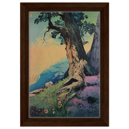 Gnarled old tree with twisted trunk on Sylvan Synapse Canvas against colorful landscape