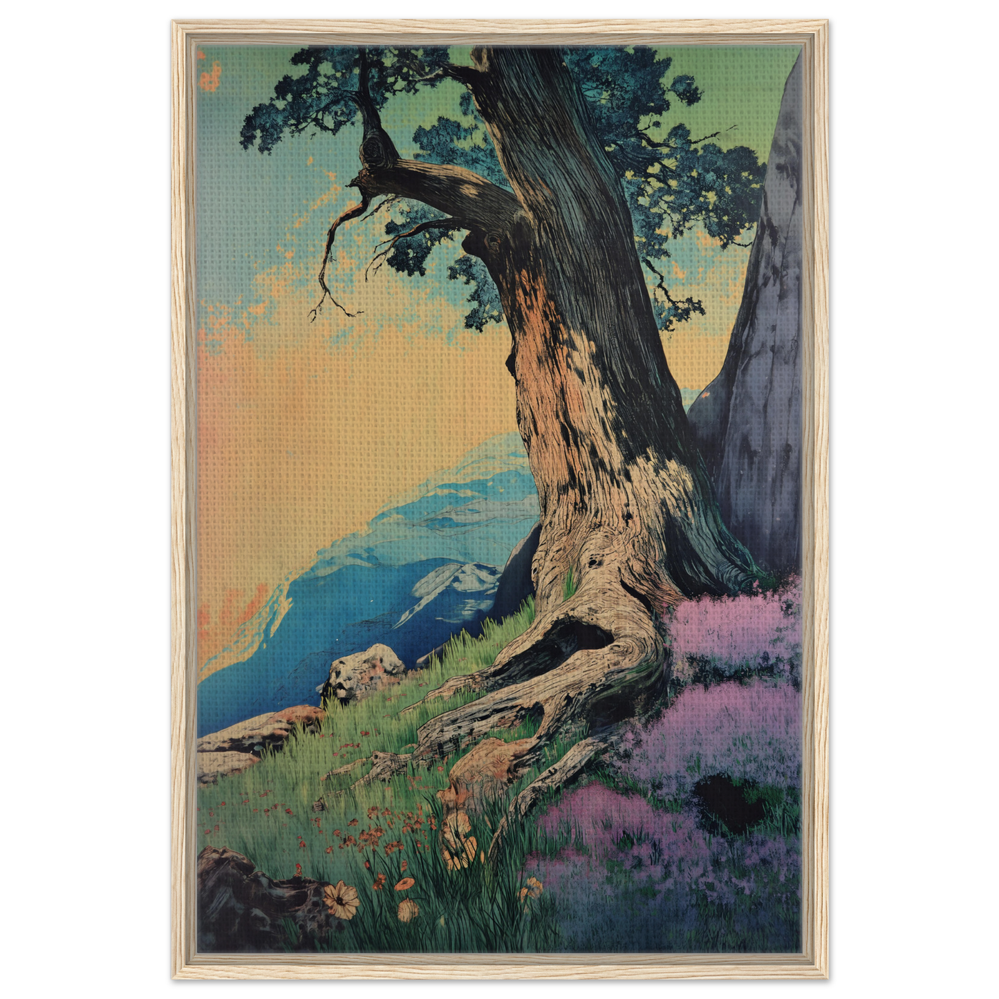 Gnarled old tree with twisted trunk on hillside featured in Sylvan Synapse Canvas